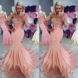 2018 Blush Mermaid Prom Kleider Langschläfe Sweep -Zug Applikationen Perlen Lange formal