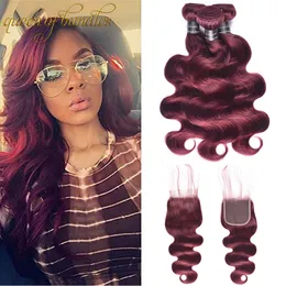 Queen Of Bundles Pre-colored Brazilian Virgin Hair Body Wave With Closure 99J# Red Burgundy 4 Bundles Human Hair Weave With Closure