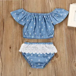 2018 Sommar toddler kläder barn baby flickor kläder sätter av axel denim blommig gröda + spets shorts 2pcs outfits barn kläder