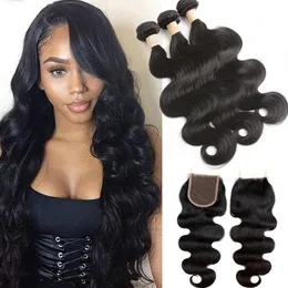 Malaysiska obearbetade mänskliga hårförlängningar 4pieces/Lot Body Wave Virgin Hair Products 8-28 tum buntar med 4x4 spetsstängning babyhår inslag