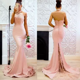 Pink Long High Neck Mermaid Lace Evening Dresses Open Back Applique Sweep Train Maid Of honor Party Dress For Bridesmaid Dress