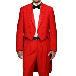 Moda czerwony frak męskie smokingi ślubne styl poranny smokingi dla pana młodego wysokiej jakości mężczyźni formalna kolacja garnitur na bal (kurtka + spodnie + krawat + pas) 692