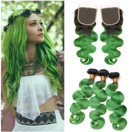 T1B / Verde Ombre Brasileiro Virgem Do Corpo Do Cabelo Humano Onda Feixes com Fecho Escuro Enraizado Ombre Verde Virgem Do Cabelo Tece com 4x4 Fechamento de Rendas