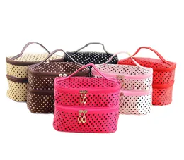 7 Colors Small Dots Lovely Double Layer Cosmetic Bag Makeup Case Pouch Travel Toiletry Storage Organizer