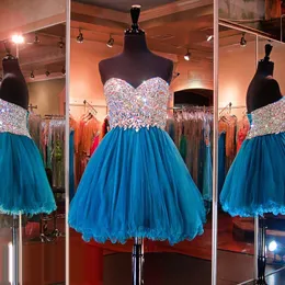 Teal niebieskie ukochane sukienki na imprezę bez ramiączek mini długość kryształowe koronki w górę na balu homecoming sukienki z koralikowymi stanikami DH1635