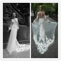 Gorgeous Inbal dror A Line Wedding Dresses V Neck Appliques Illusion Backless Bridal Gowns Sweep Train Custom Made Wedding Dress
