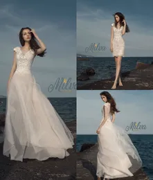 Overskirts Milva Wedding Dresses With Lace Applique V Sheer Neck Vestidos De Novia Short Sleeve Button Bridal Gowns Plus Size