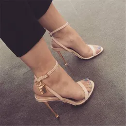 Open Women Fashion Top Brand Toe One Gold Metal Stiletto Lock Design Ankle Strap High Heel Sandals Club Shoes 5