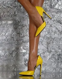 2018 Sexy световой желтый блестящая кожа тонкие высокие каблуки насосы женщина разрыв Открытие пр острым носом насос ночной клуб обувь для женщин