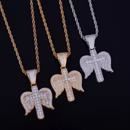Men/Women Hip hop Jewelry Wings Cross Necklace & Pendant Ice Out Cubic Zircon Charm with Cuban/Rope Chain Two Colors For Gift