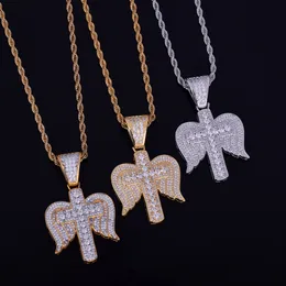 Män / Kvinnor Hip Hop Smycken Vingar Kors Halsband Hängsmycke Ice Out Cubic Zircon charm med kubansk / repkedja Två färger för gåva