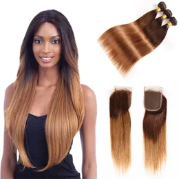 Ombre Malaysian Straight Human Hair Bundles With 4X4 Lace Closure 4/30# Blonde Malaysian Human Hair Weave 3/4 Bundles With Closure