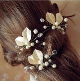 Handmade Wedding Hair Pins Akcesoria do nowożeńców Pearl Gold Leaf Crystal Hairpin Klipy Grzebień
