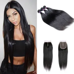 Rett Virgin Hair 3 buntar med 4x4 stängningsleverantörer Brasilianska Peruanska Malaysiska 100% Human Hair Weave Closure Gratis Mellanliggande Tre