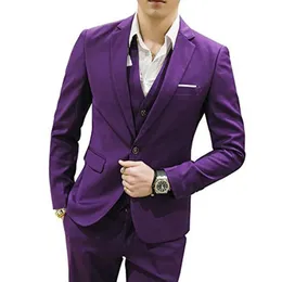 Fashio Purple Men 3 Piece Garnitur Smokingi Ślubne Doskonałe Groom Tuxedos Notch Lapel Center Vent Men Dinner Prom Blazer (kurtka + spodnie + krawat + kamizelka)