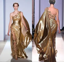 Sexig One Shoulder Gold Pageant Evening Dresses Zuhair Murad Haute Couture Appliques Glänsande Long Prom Kappor Gratis frakt