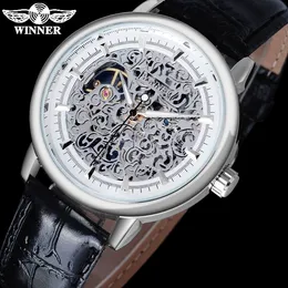 2021 WINNER fashion mechanical hand-wind men watches Thin Case Transparent Skeleton dial PU leather strap relogio masculino