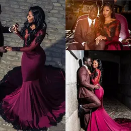 2018 African Burgundy Prom Dresses Sheer Long Sleeves With Black Appliques Lace Mermaid Formal Party Evening Gowns Vestidos De Fiesta