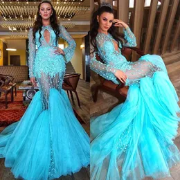 Turquoise Blue Mermaid Prom Dresses 2019 Sexy See Through Sheer Long Sleeves Evening Gowns Tulle Sweep Train Appliques Cocktail Party Dress