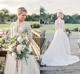 Modest 3/4 Long Sleeve Wedding Dresses Open Back Vintage Lace V-Neck 2018 Country Garden Bobo Bridal Wedding Gowns