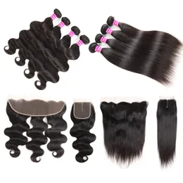 Billiga Brasilianska Virgin Hair Wefts Straight Weave Bundlar med frontillbehör Remy Hårbuntar med stängning Body Wave Hair Extensions