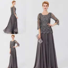 Grey Mother Of The Bride Dresses Applique Beaded 3 4 Long Sleeve