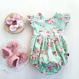 Nyfödda Baby Kläder Spädbarn Romper Jumpsuit Ruffles Fly Sleeve Floral Rompers Sunsuit One Piece Outfits Summer Kids Baby Girls Kläder