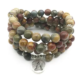 SN1355 Fashion 2018 New Design Women`s Yoga Bracelet Natural 8 mm Picasso Stone Bracelet 108 Mala Lotus Buddha Yogi Necklace