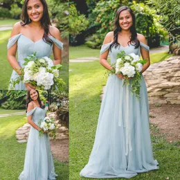 2019 baratos de dama de honra vestidos beach boho longo bohemian uma linha fora ombro festa de casamento vestido de hóspedes vestido damas de damas de tule plissados