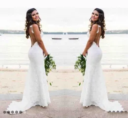 Strand Bohemian sexy Spitze Meerjungfrau Kleider Spaghetti -Träger weiß Elfenbein Rückenfreie boho Länge Boho Hochzeit Brautkleider billig