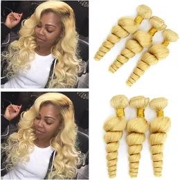 # 613 Blond Virgin Brasilian Loose Wave Hair Weft Extensions 3pcs Golden Blonde Human Hair Weave Buntar Lossa vågiga Virgin Hair Weaves