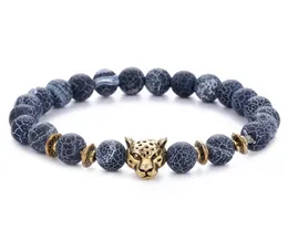 Hot Selling 8mm Svart Beaded Strands Armband Weathered Agate Alloy Guld / Silver Leopard Head Beads Hand Wrist Ring Smycken