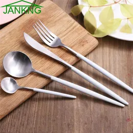 JANKNG 24 Pcs/Lot White Handle Silver Stainless Steel Dinnerware Set Luxury Cutlery Set Matte Knife Fork Table Dinnerware for 6