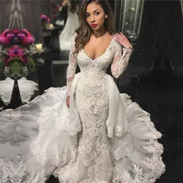 Deep V Neck Lace Mermaid Wedding Dresses Illusion Long Sleeves Tulle Tiered Overskirts Bridal Gowns Sweep Train Wedding De Noiva