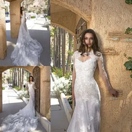 3D-Floral Applique Wedding Dresses Mermaid Keyhole Sheer Neck Hollow Poet Long Sleeve Court Train Robe De Mariée Sexy Wedding Gowns