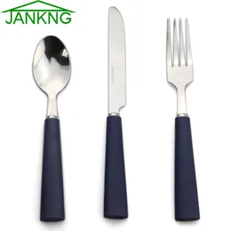 JANKNG 3-Pieces Stainless Steel Dinnerware Set Kids Matte Blue Handle Fork Knife Cutlery Set Dinner Silverware Tableware for 1