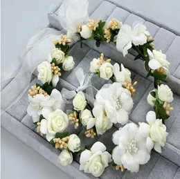 9Colors White Women Silk Flower Princess Crown Head WR na nadgarstek Zestaw Dama Sztuczne Pianka Kwiaty Wedding Bridal Crown Bransoletka Zestaw