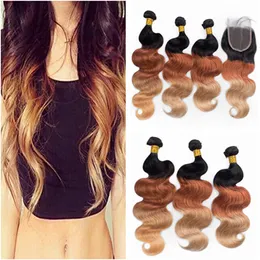 Virgin Peruvian Three Tone Ombre Human Hair Weaves with Closure Body Wave 1B/33/27 Honey Blonde Ombre 4x4 Lace Closure with Bundles