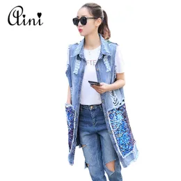 2018 New Fashion Estate Autunno Donna Paillettes Lungo Senza Maniche Gilet di Jeans Donna Foro Denim Gilet Jeans Giacca Plus Size S-3XL