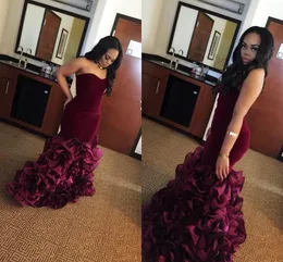Modest Burgundy Long Mermaid Evening Dresses Rose Floral Flowers Tiered Sweetheart Velvet Plus Size Formell Party Prom Gowns Vestios