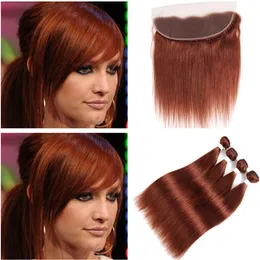 Miedź Czerwony Peruwiański Dziewiczy Human Włosy 4 Wiązki z pełnym czołowym prostym # 33 Dark Auburn Human Hair Weaves z zamknięciem Koronki 13x4
