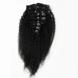 10st 120g Kinky Straight Clip In Human Hair Extensions Brasilian Remy Hair 100% Människa Naturligt hår Grov Yaki Clip Ins Naturlig Svart