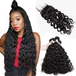 Obehandlat peruanskt vattenvåg Virgin Human Hair 3 buntar med stängning Deep Wave Kinky Curly Remy Hair Extensions and Closure