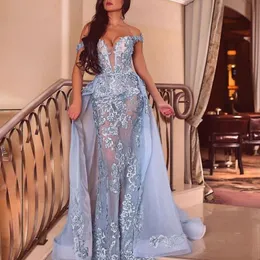 Dubai Mermaid Sexy Prom Dress Com Overskirt Alças Vestidos sem mangas Lace apliques moda festa destacável Vestido Formal