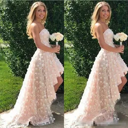 2018 3D Floral Appliced ​​Dresses A Line Axelitless High Low Sweep Train Garden Country Wedding Bridal Gown