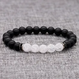 Modisches 8-mm-Armband aus schwarzen, matten Perlen mit weißem, rissigem Kristallarmband für Damen und Herren, Yoga-Liebhaber, Strass-Armband