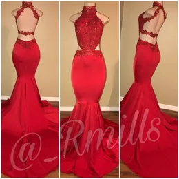 Criss Cross Backless Red Prom Dresses New Mermaid Halter Neck Cutaway Sides Appliques Sequined Long Evening Gowns Custom Made