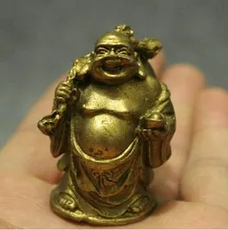 Kinesisk Buddhism Brass Happy Laugh Maitreya Buddha Håll Yuanbao Gourd Statue