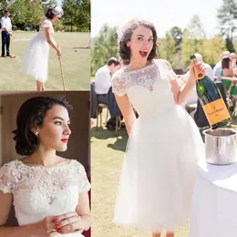 Abito da sposa anni '20 lungo fino al tè con maniche Abiti da sposa corti da giardino in tulle vintage retrò in pizzo da giardino country Abiti da ricevimento