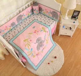 새로운 도착 7PCS 아기 소녀 침대 리넨 코튼 아기 침대 침구 세트 침대 범퍼 설정 꽃 꽃 코끼리 침대 침대 세트 이불 / 범퍼 / 스커트